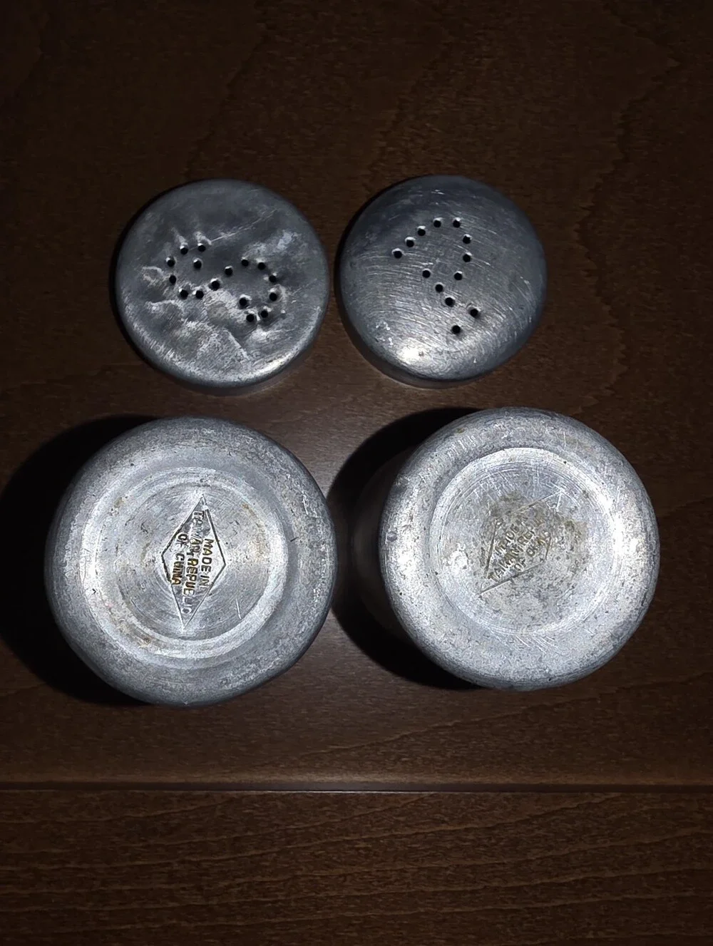 Vintage 1950s Aluminum Tin Funnel, Measuring Cup & Salt & Pepper Shakers